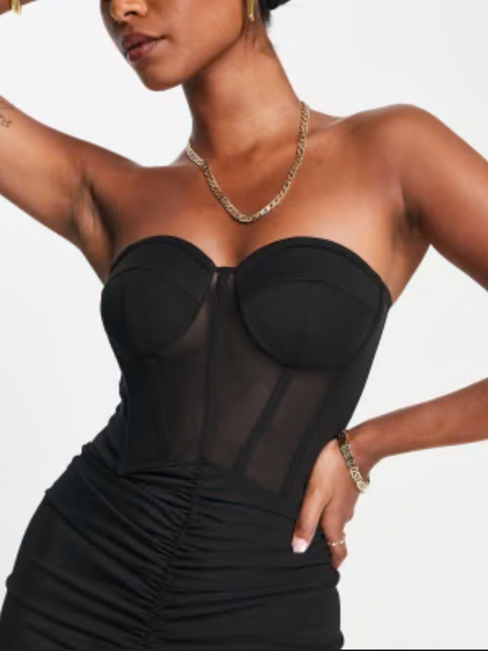 ASOS DESIGN Premium Mesh Bandeau Corset Ruched Black Midi Dress Size US 6 - Picture 2 of 10